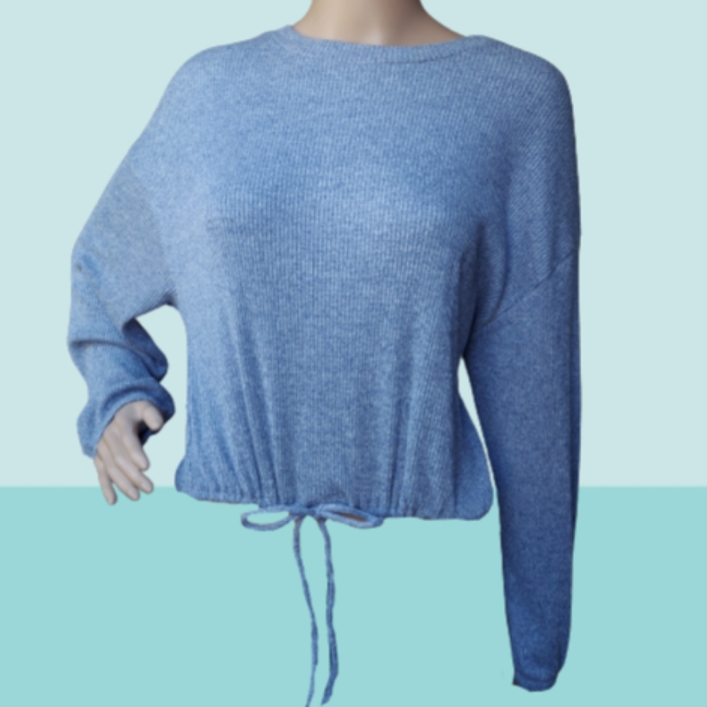 Gilly Hicks Cropped Ribbed Solid Crew Neck Drawstring Pull Over Sweater - Picture 5 of 10